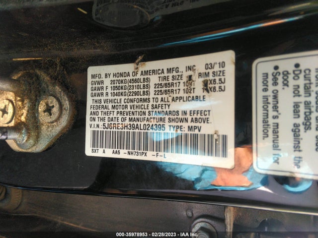 2010 HONDA CR-V LX VIN: 5J6RE3H39AL024395