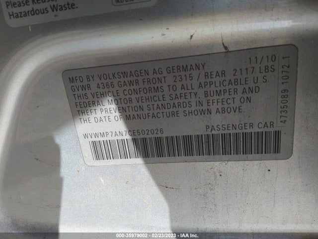 WVWMP7AN7CE502026 Volkswagen Cc Sport Pzev