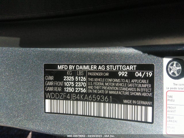 2019 MERCEDES-BENZ E-CLASS E 300 VIN: WDDZF4JB4KA659361