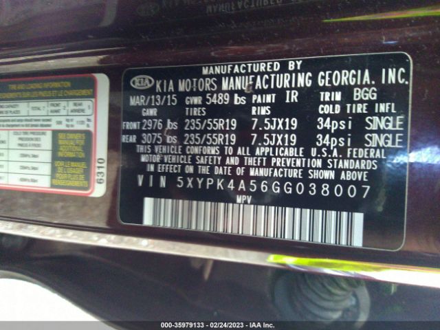 5XYPK4A56GG038007 KIA SORENTO SX