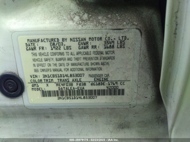 2004 NISSAN SENTRA S VIN: 3N1CB51D14L853007