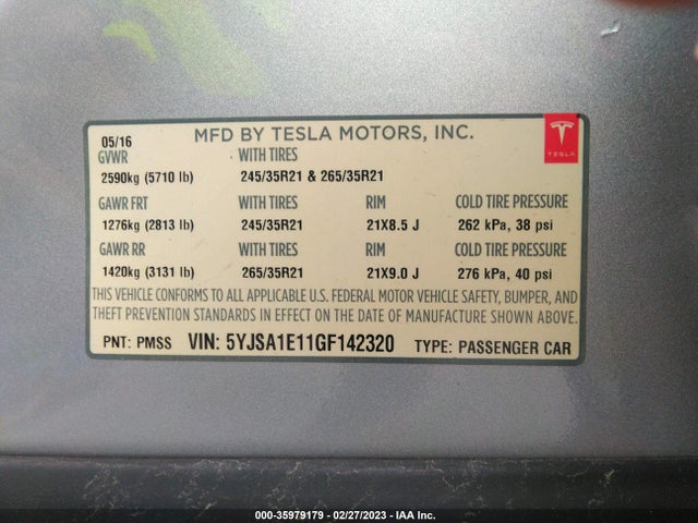 2016 Tesla Model S, VIN: 5YJSA1E11GF142320