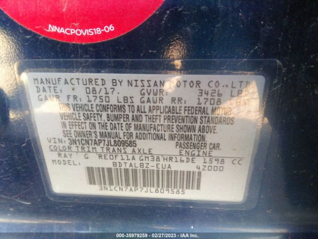 3N1CN7AP7JL809585 Nissan Versa Sedan Sv