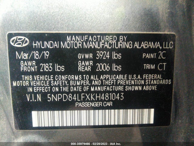 2019 HYUNDAI ELANTRA SEL VIN: 5NPD84LFXKH481043