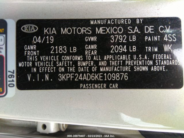 3KPF24AD6KE109876 KIA Forte Lxs