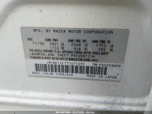 2007 MAZDA MAZDA3 I TOURING VIN: JM1BK12F771671695