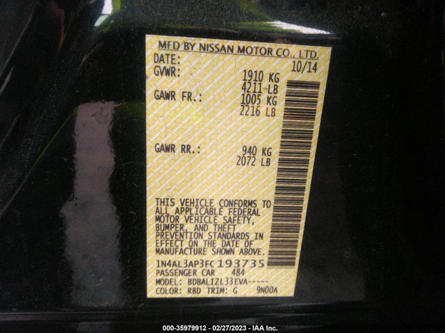 Nissan Altima 2.5 Sv 2015 1N4AL3AP3FC193735 Image 10