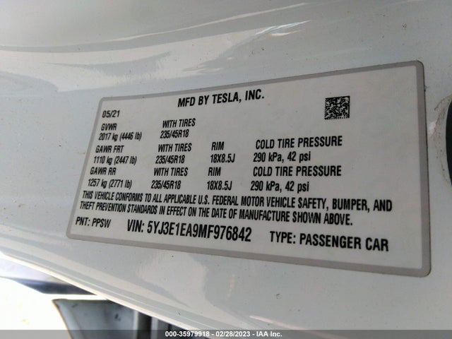 Tesla Model 3 Standard Range Plus 2021 5YJ3E1EA9MF976842 Image 10