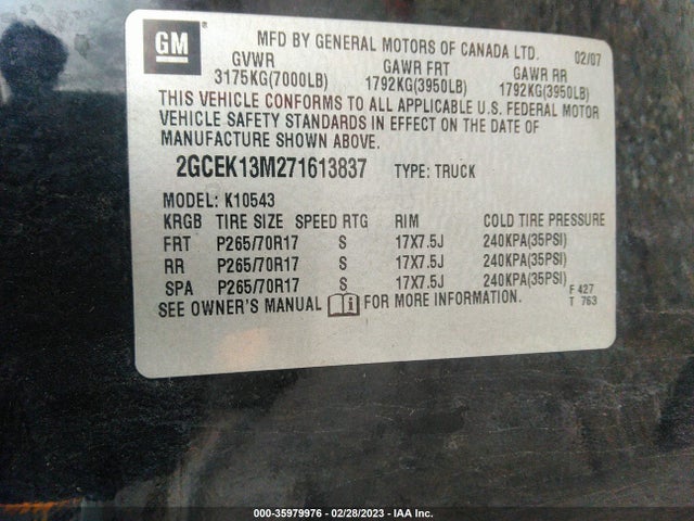 2007 CHEVROLET SILVERADO 1500 LTZ VIN: 2GCEK13M271613837