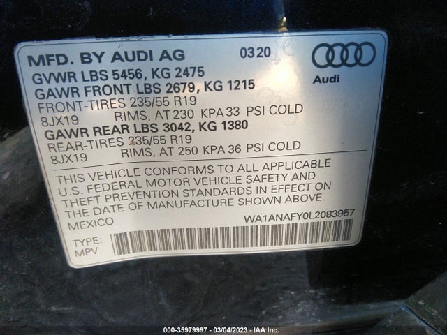 WA1ANAFY0L2083957 Audi Q5 Premium/titanium Premium