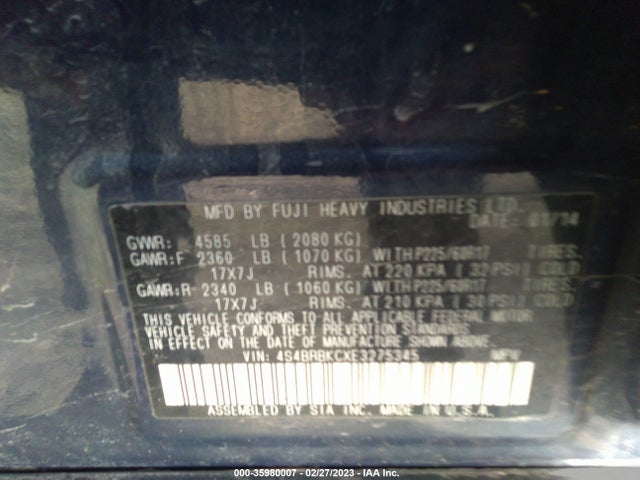 4S4BRBKCXE3275345 Subaru Outback 2.5i Limited