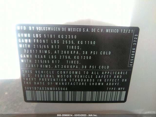 3VV1B7AX3NM045944 Volkswagen TIGUAN S