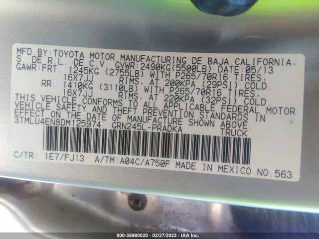 2013 TOYOTA TACOMA VIN: 3TMLU4EN8DM125974