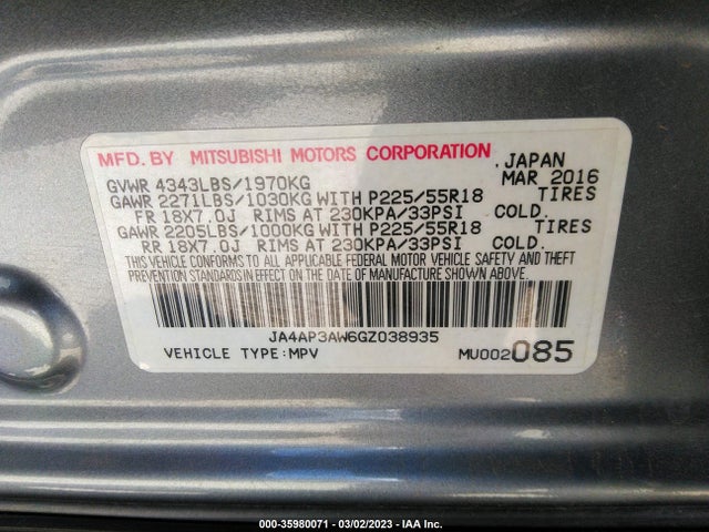 JA4AP3AW6GZ038935 Mitsubishi Outlander Sport 2.4