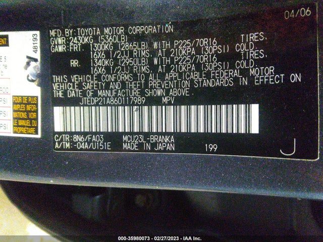 2006 TOYOTA HIGHLANDER W/3RD ROW/LIMITED W VIN: JTEDP21A860117989
