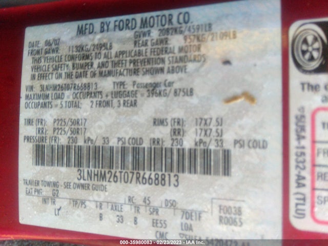 2007 LINCOLN MKZ VIN: 3LNHM26T07R668813
