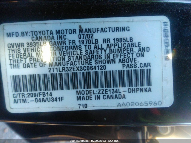 2003 Toyota Matrix Std/xr მანქანა იყიდება აუქციონზე, vin: 2T1LR32EX3C064120, აუქციონის ნომერი: 35980086