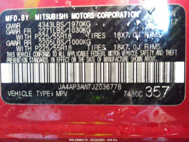 JA4AP3AW7JZ036778 Mitsubishi Outlander Sport Se 2.4