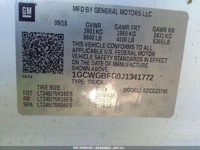 2018 Chevrolet Express, VIN: 1GCWGBFG0J1341772