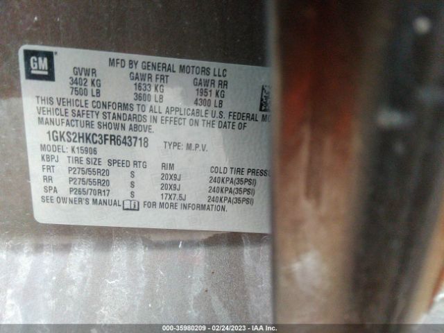 1GKS2HKC3FR643718 GMC Yukon Xl Slt