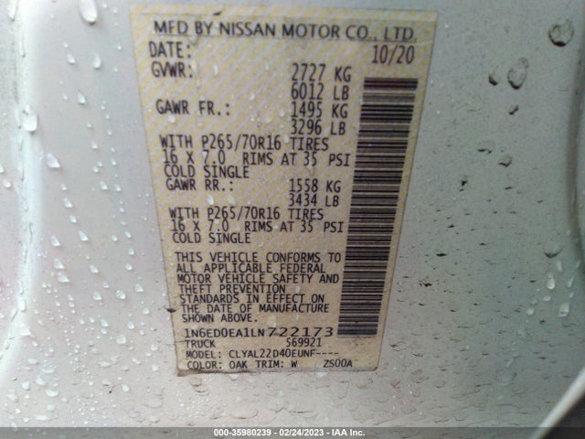 Nissan Frontier Sv 2020 1N6ED0EA1LN722173 Image 11