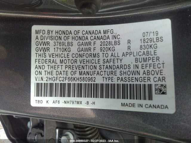 Honda CIVIC SEDAN 2019 2HGFC2F66KH580962 Image 9