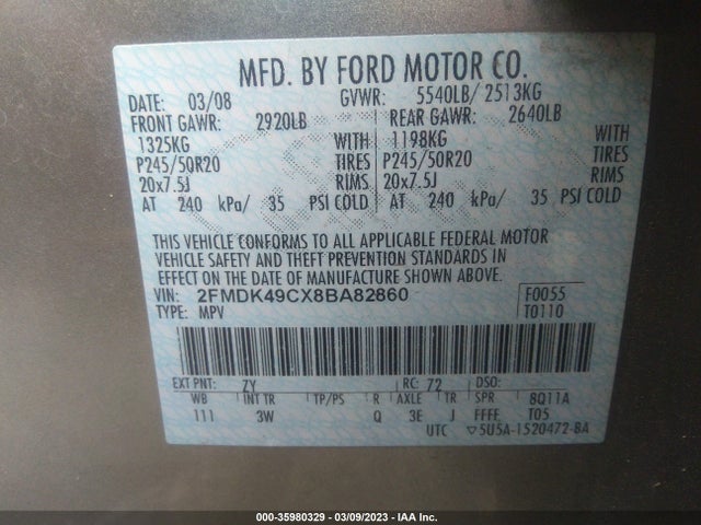 2008 FORD EDGE LIMITED VIN: 2FMDK49CX8BA82860