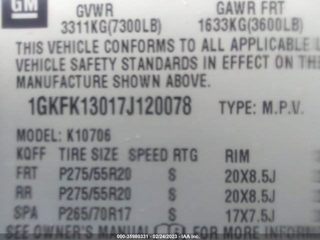 GMC YUKON SLT 2007 1GKFK13017J120078 Image 10