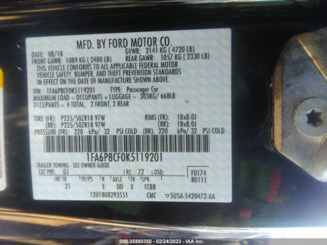 1FA6P8CF0K5119201 Ford MUSTANG GT