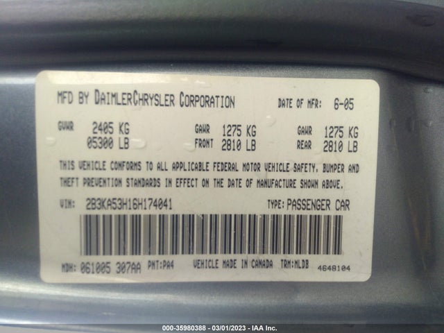 2006 DODGE CHARGER R/T VIN: 2B3KA53H16H174041