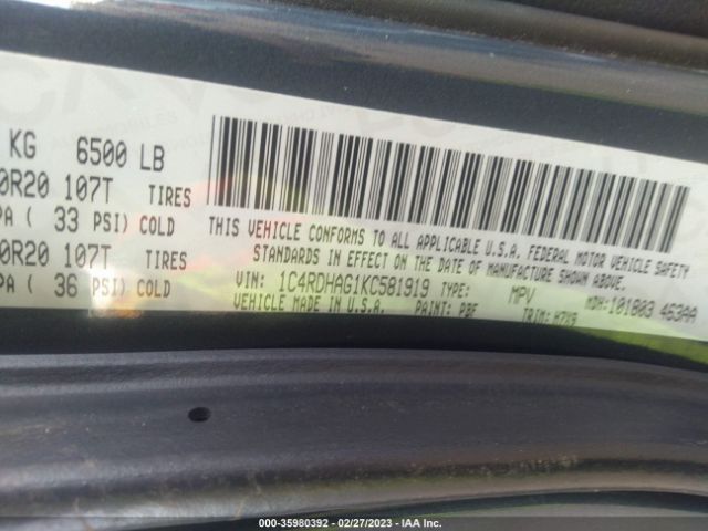 1C4RDHAG1KC581919 Dodge Durango Sxt Plus