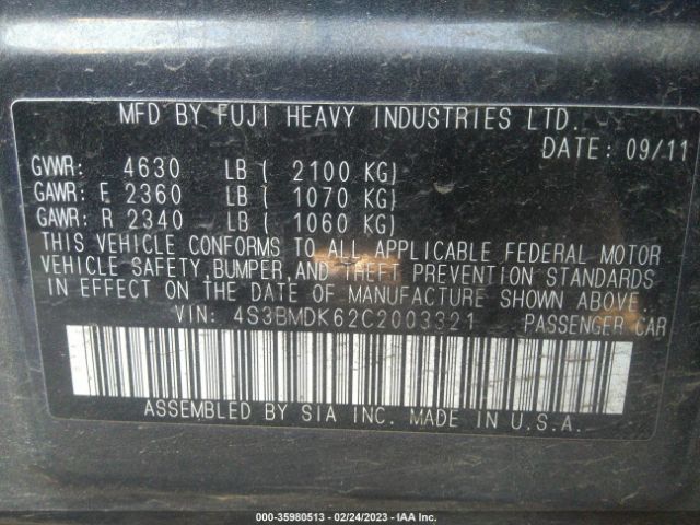 4S3BMDK62C2003321 Subaru Legacy 3.6r Limited