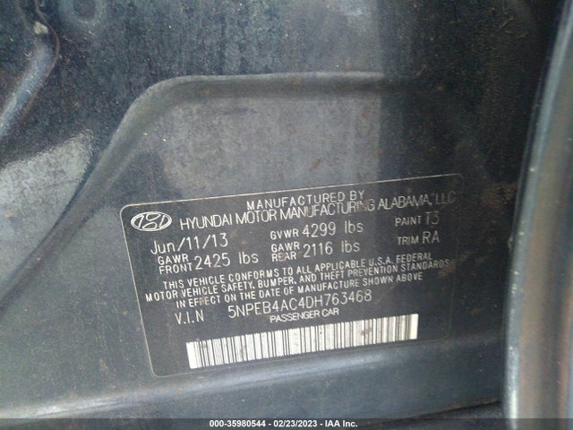 2013 HYUNDAI SONATA GLS PZEV VIN: 5NPEB4AC4DH763468
