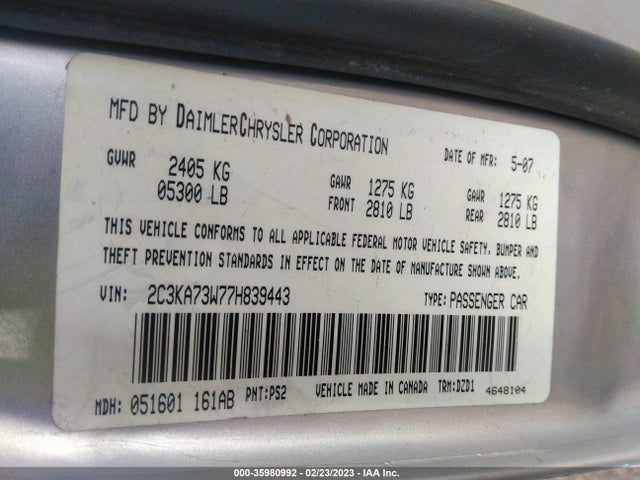 2007 CHRYSLER 300 C SRT8 VIN: 2C3KA73W77H839443