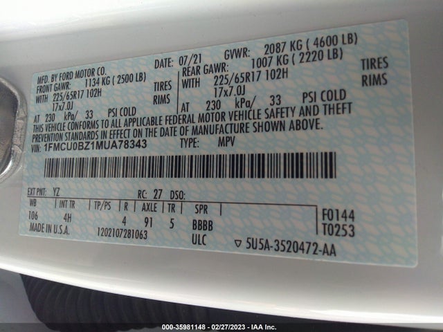 2021 Ford Escape, VIN: 1FMCU0BZ1MUA78343