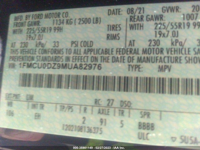 2021 Ford Escape, VIN: 1FMCU0DZ9MUA82976