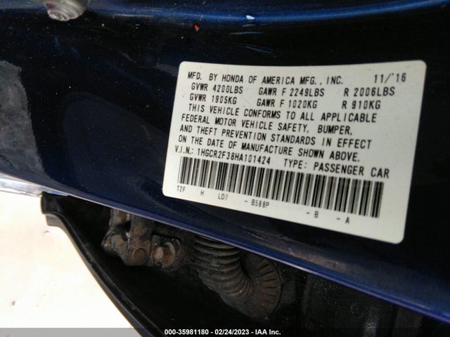 2017 HONDA ACCORD SEDAN LX VIN: 1HGCR2F38HA101424
