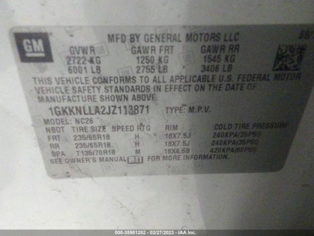 1GKKNLLA2JZ113871 GMC ACADIA SLE