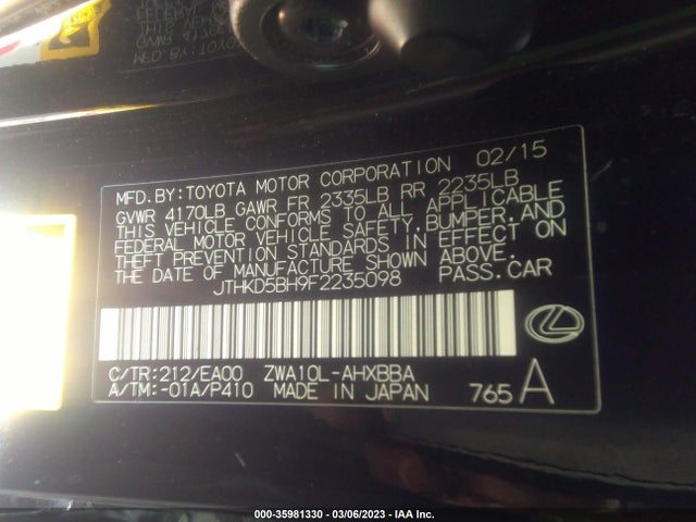 2015 LEXUS CT 200H HYBRID VIN: JTHKD5BH9F2235098