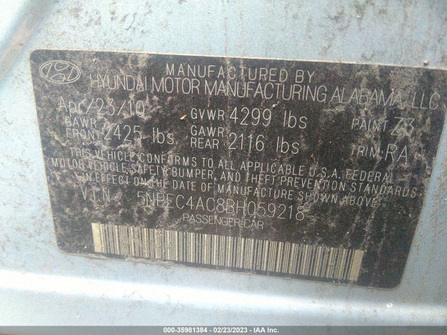 2011 HYUNDAI SONATA LTD VIN: 5NPEC4AC8BH059218