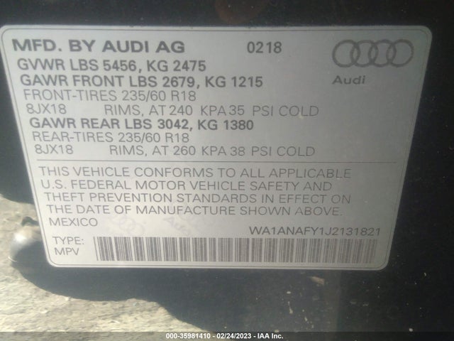 WA1ANAFY1J2131821 Audi Q5 Premium/tech Premium