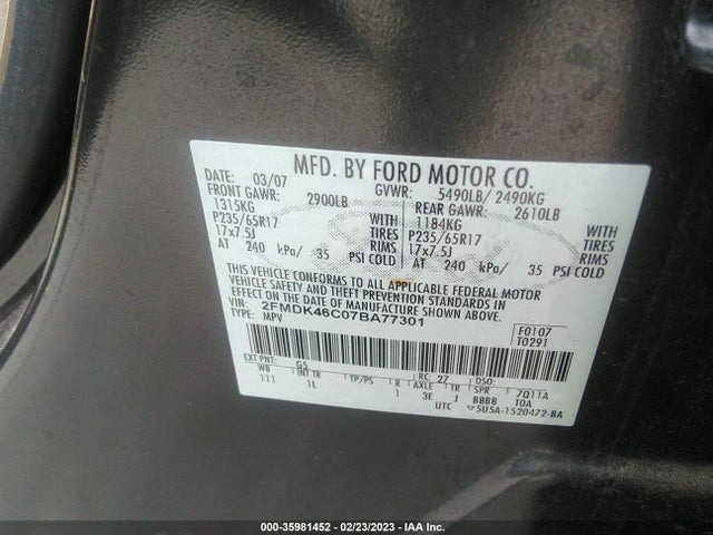 2007 FORD EDGE SE VIN: 2FMDK46C07BA77301