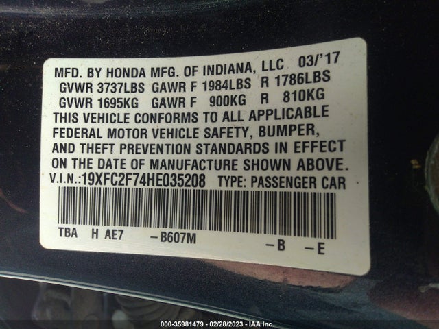 Honda Civic Sedan Ex 2017 19XFC2F74HE035208 Image 10