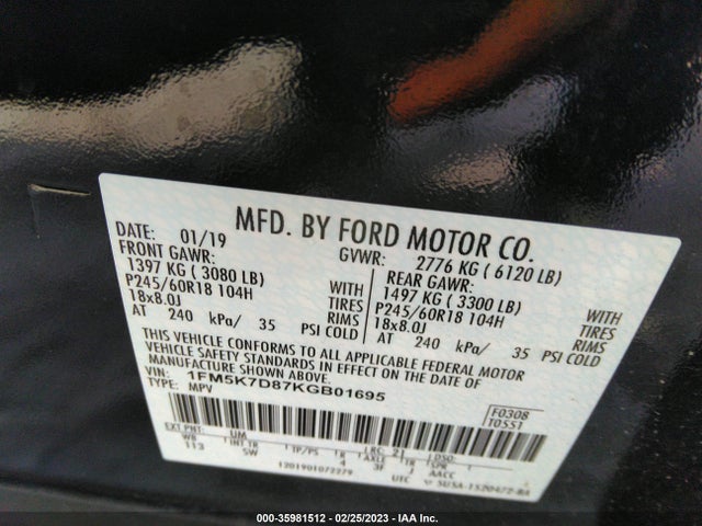 2019 FORD EXPLORER XLT VIN: 1FM5K7D87KGB01695