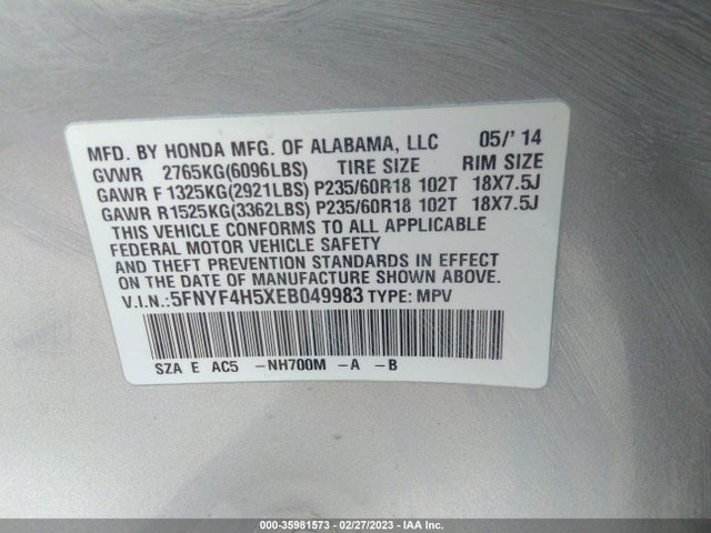 Honda Pilot Ex-l 2014 5FNYF4H5XEB049983 Image 9