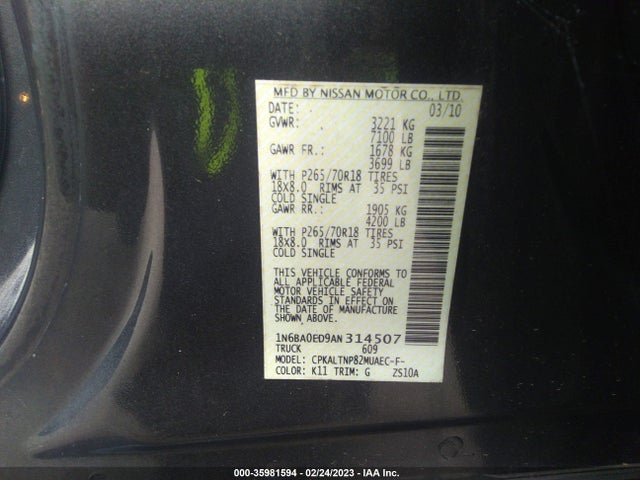 2010 NISSAN TITAN SE VIN: 1N6BA0ED9AN314507