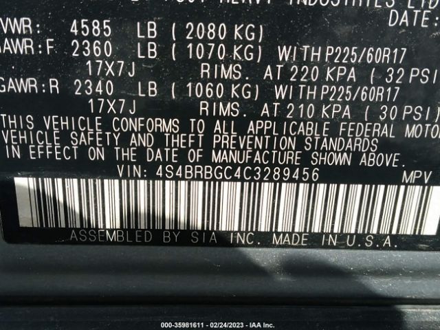 4S4BRBGC4C3289456 Subaru Outback 2.5i Prem