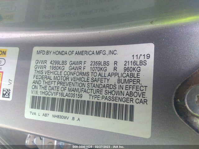2020 HONDA ACCORD SEDAN LX VIN: 1HGCV1F16LA035159