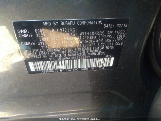 4S4WMALD8K3462922 Subaru Ascent Limited