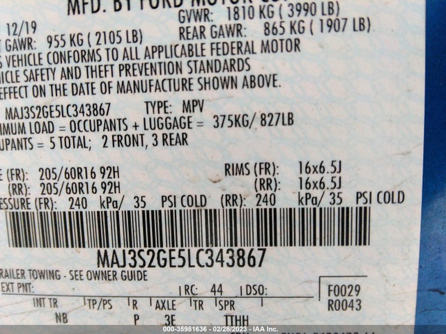2020 FORD ECOSPORT SE VIN: MAJ3S2GE5LC343867